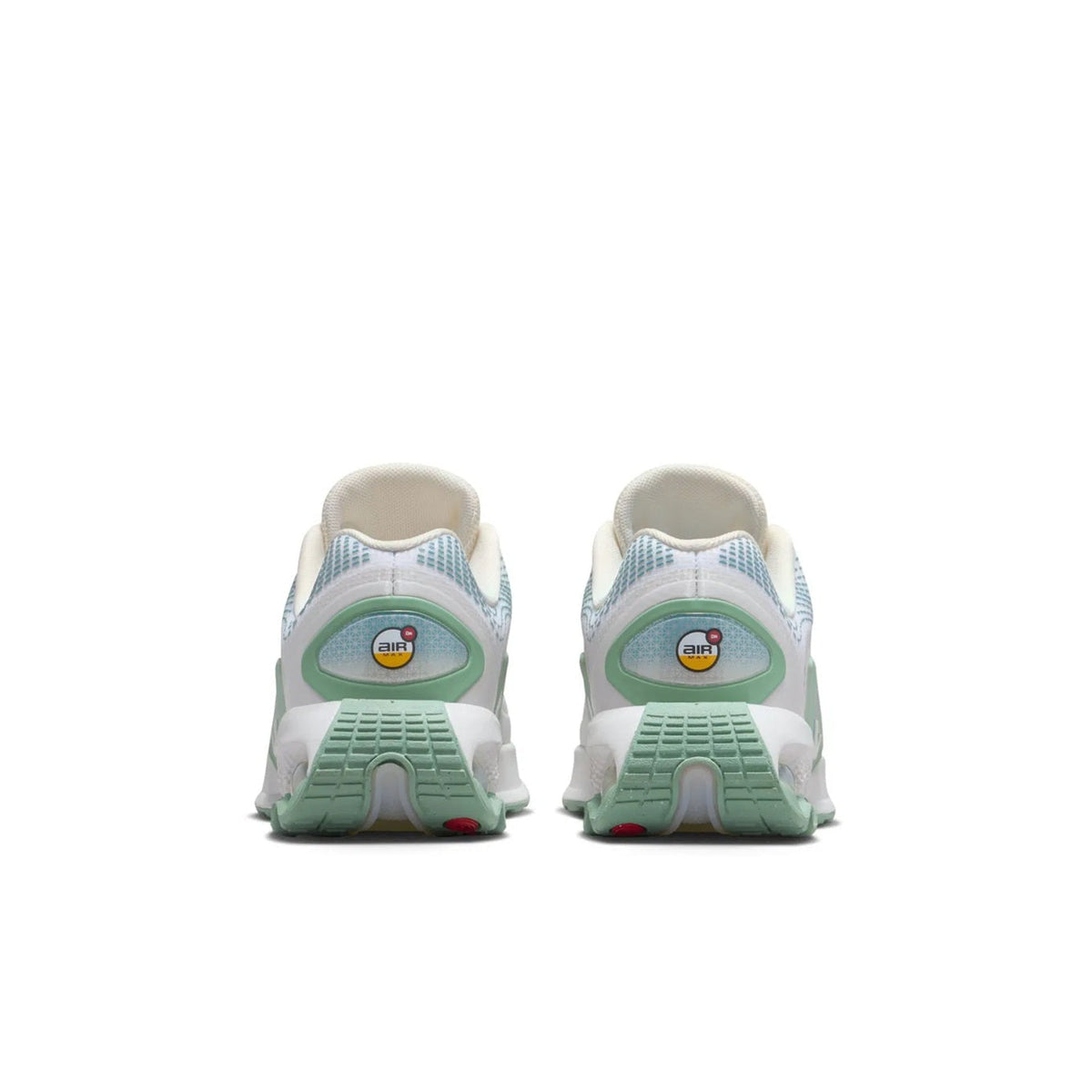 Kids' Nike Air Max DN sneakers, heel view with gray back, green details on sole