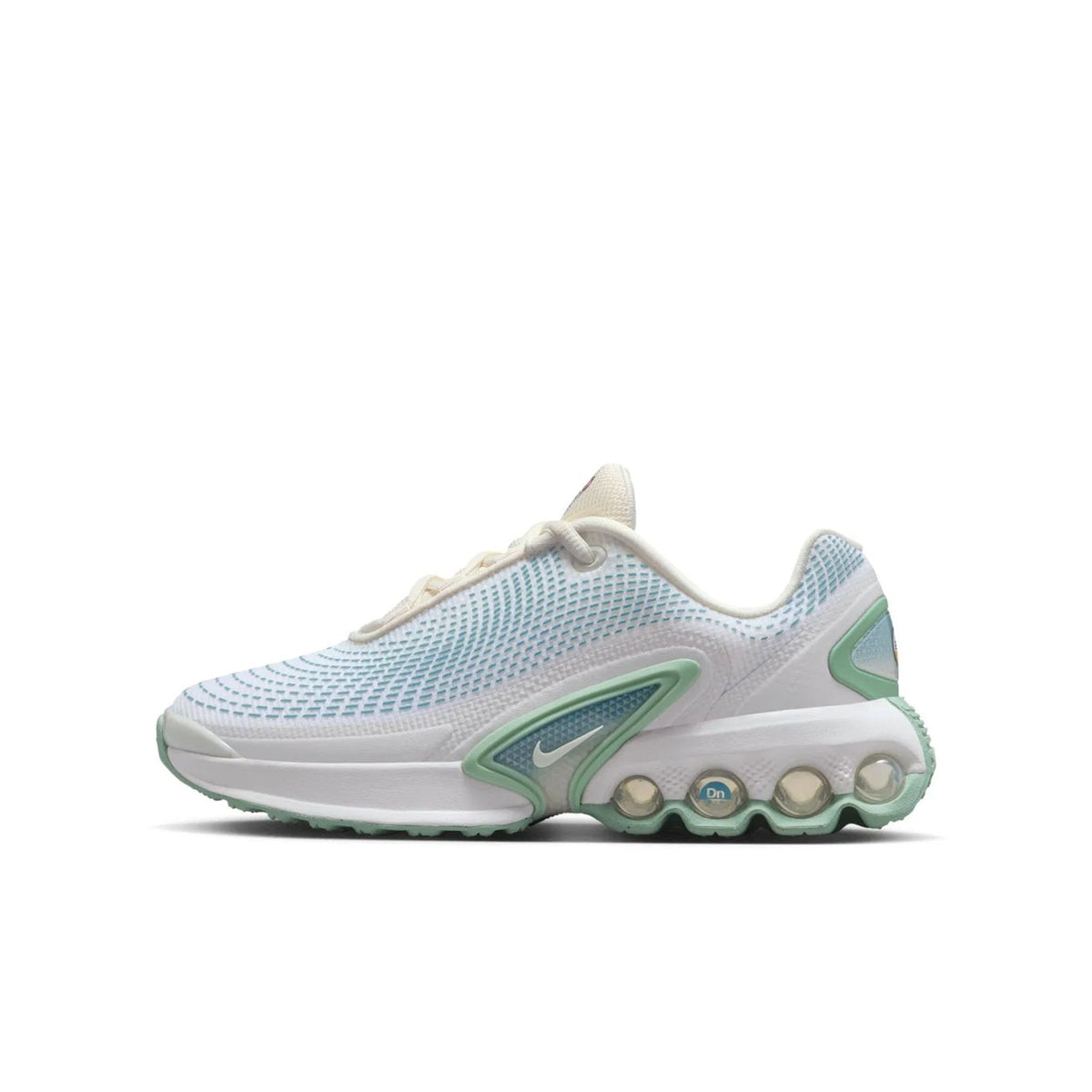 Kids' Nike Air Max DN sneakers, light blue mesh with green accents and lace-up design