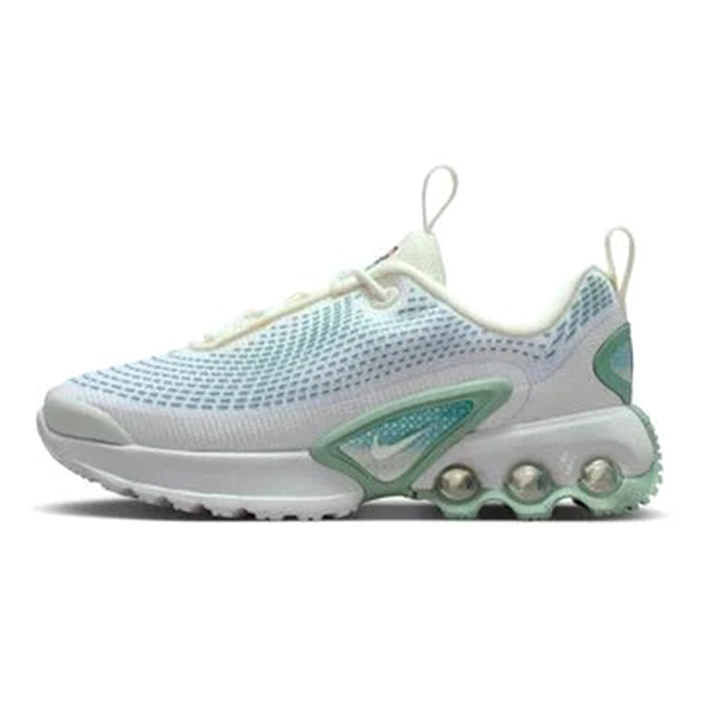 Kids running shoe with light blue knit upper, green accents, and Air Max style sole