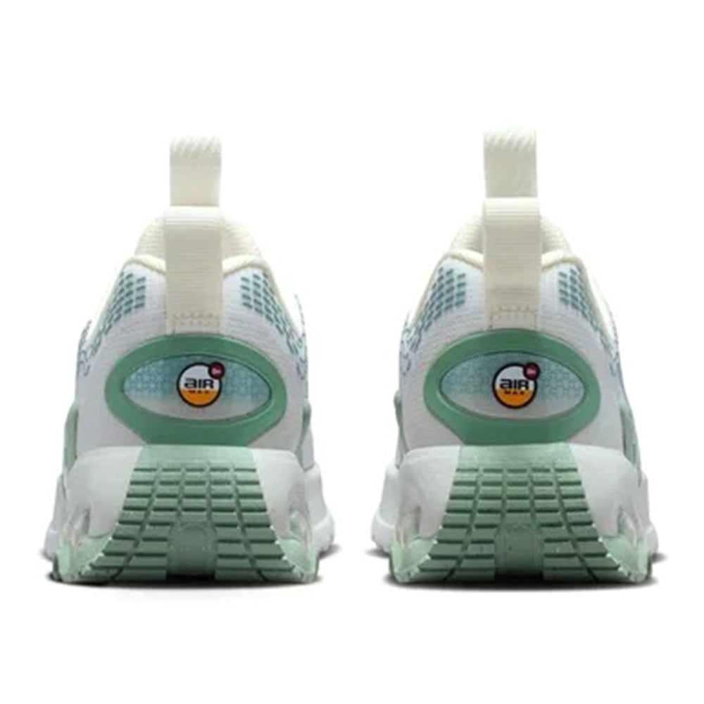 Kids Nike Air Max style sneakers shown from the heel with green tread and loops