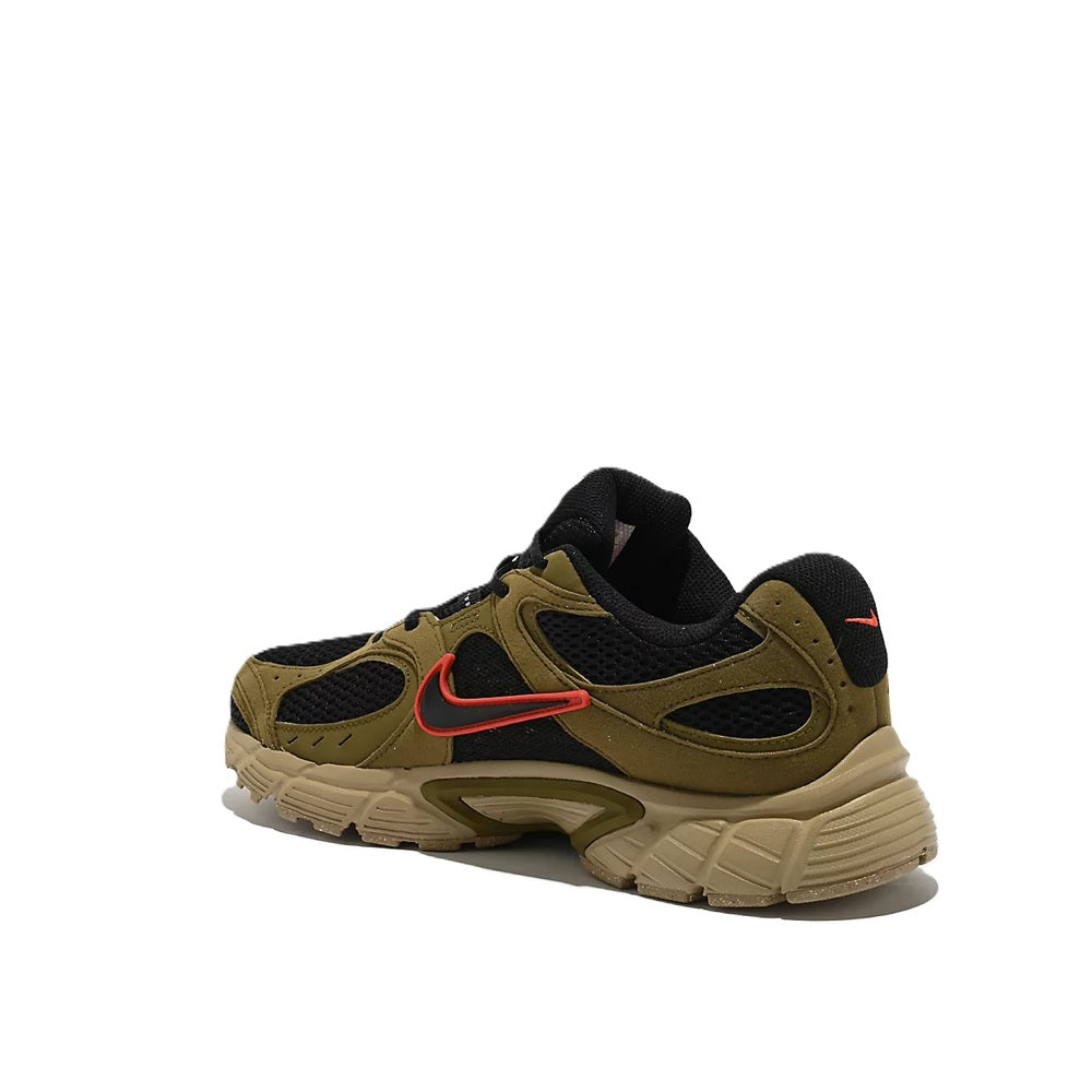 Men's Nike V5 RNR sneaker, olive uppers with black mesh and red accent swoosh