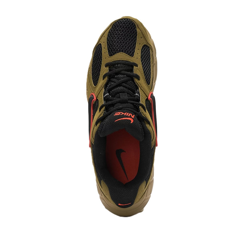 Men's Nike V5 RNR toe view, black laces with olive panels and red swoosh