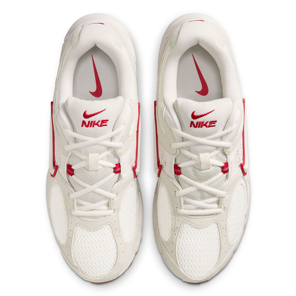 Men’s Nike V5 RNR shoes top view in light bone with red swoosh and laces
