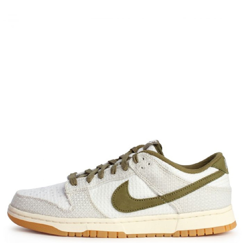 Nike Dunk Low Retro SE sneakers, off-white canvas with olive laces and gum outsole.