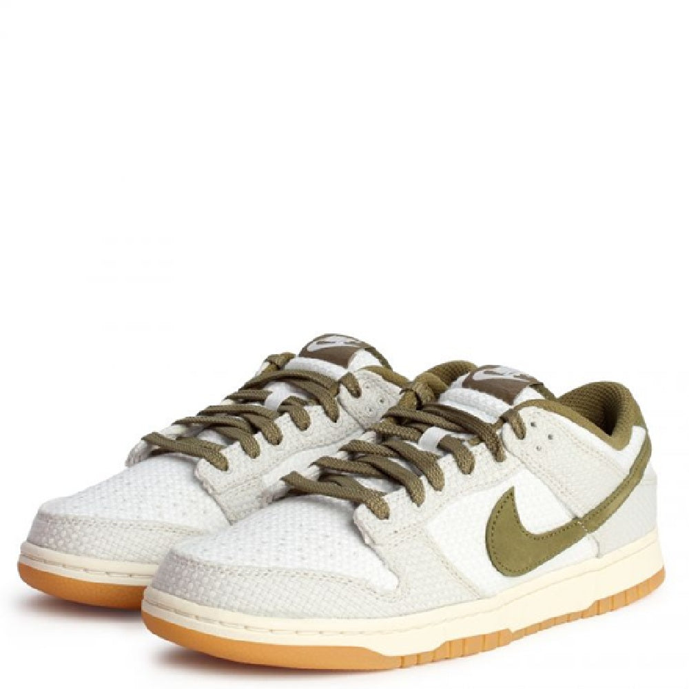 Nike Dunk Low Retro SE sneakers, off-white uppers with olive laces and swoosh detail.