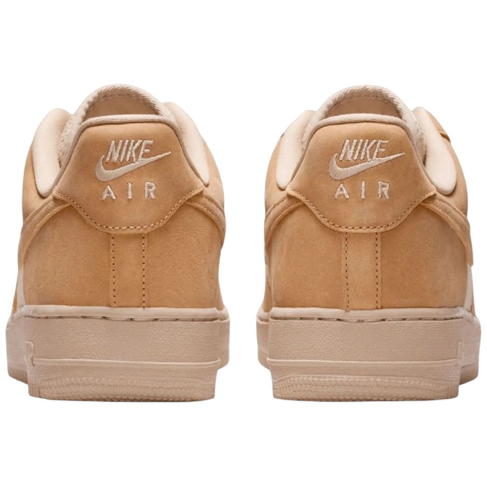 Men's Nike Air Force 1 sneakers, tan suede heels with Nike Air logo back
