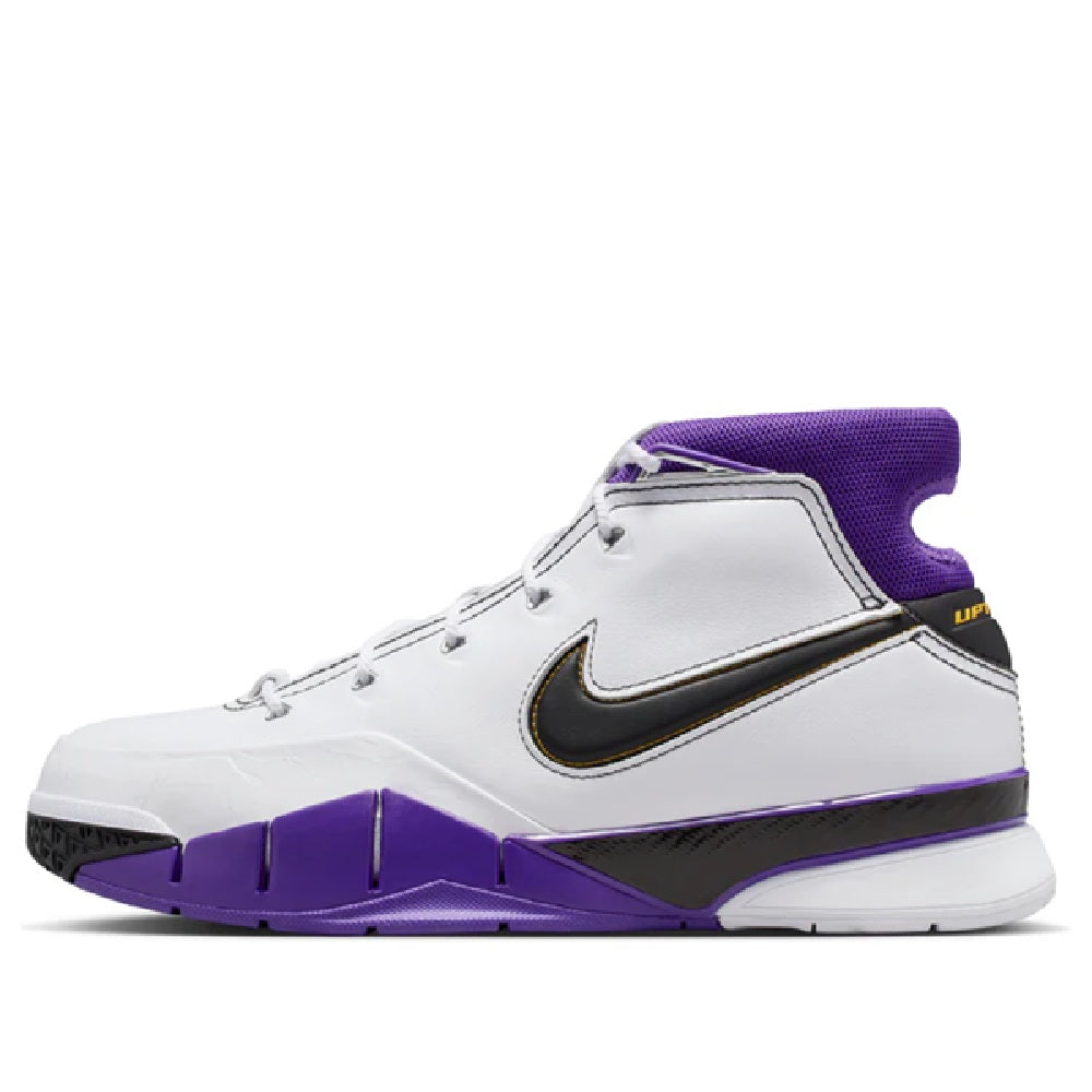 Men's Nike Kobe high-top basketball shoe, white leather with black swoosh and purple accents