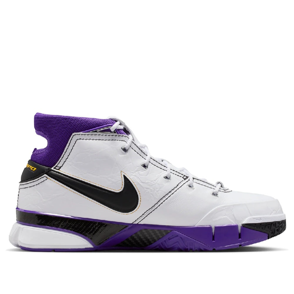 Men's Nike Kobe high-top basketball shoe, side view in white leather with purple outsole