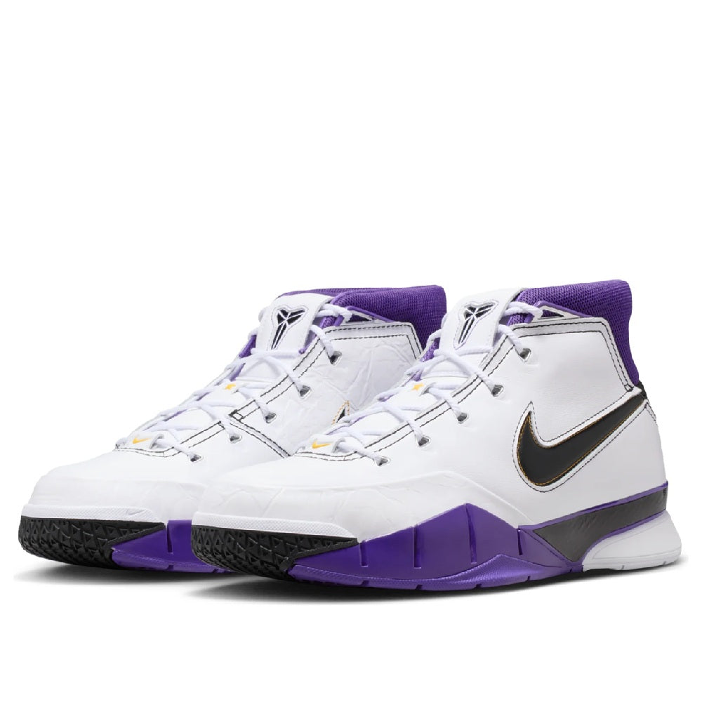 Men's Nike Kobe high-top basketball shoe, white upper with black swoosh and purple midsole