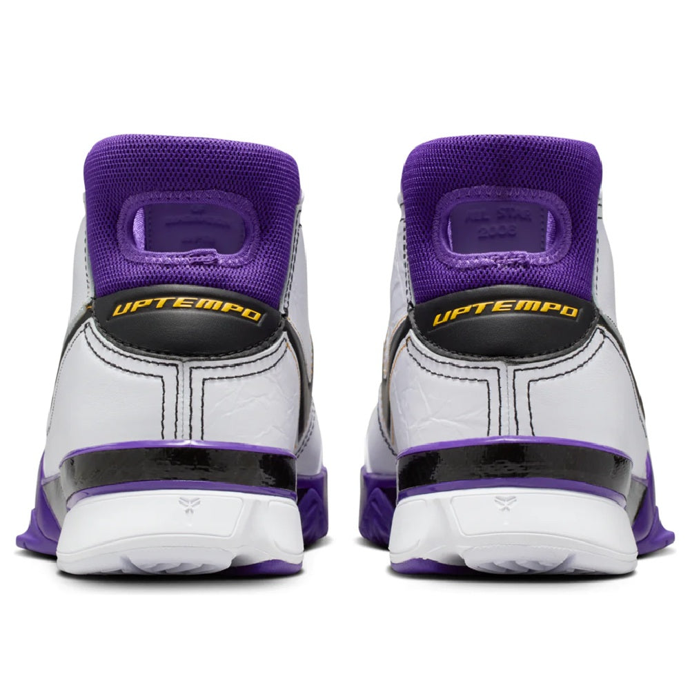 Men's Nike Kobe high-top basketball shoe, heel view with purple collars and black heel panel