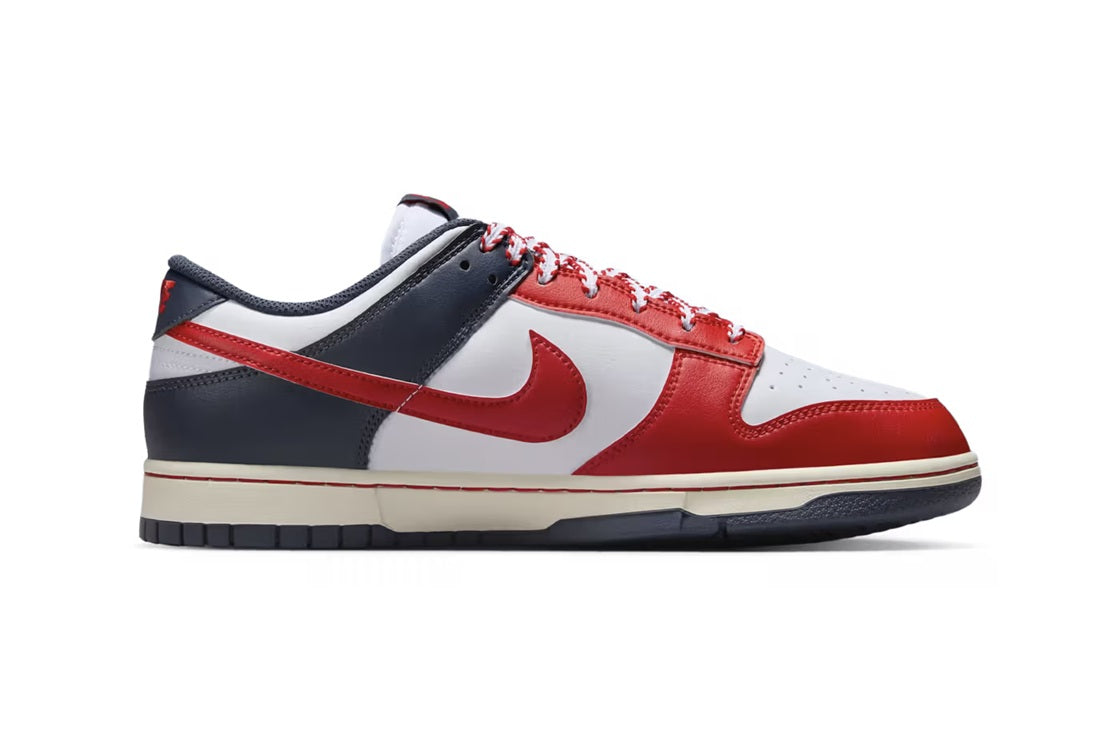 Men's Nike Dunk Low retro sneakers, red toe, white quarters, navy swoosh