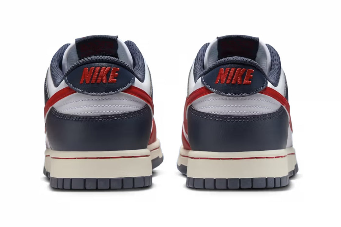 Men's Nike Dunk Low retro sneakers, back view with red heel stripe and NIKE branding
