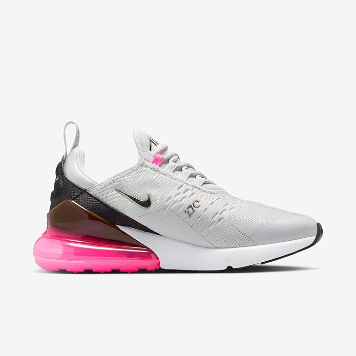 Nike Air Max 270 sneaker, white upper with black eyestays and pink air sole