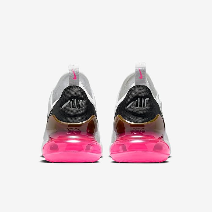 Nike Air Max 270 heel view: white knit back, black collar, pink Air unit