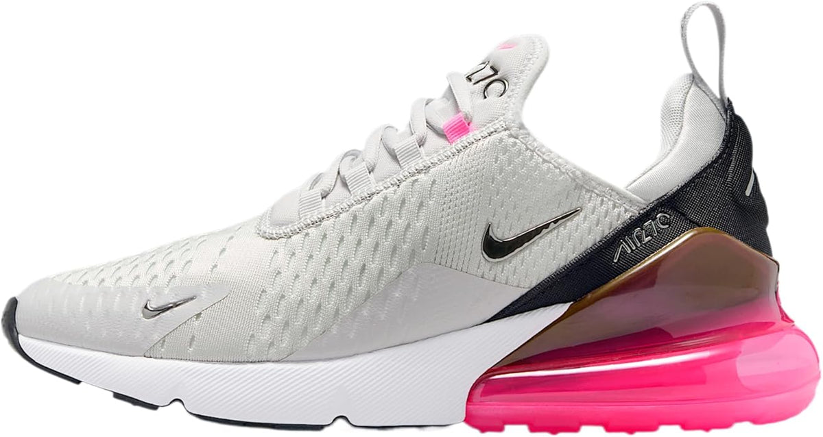 Nike Air Max 270 running shoe with white knit upper, black swoosh, pink visible air sole