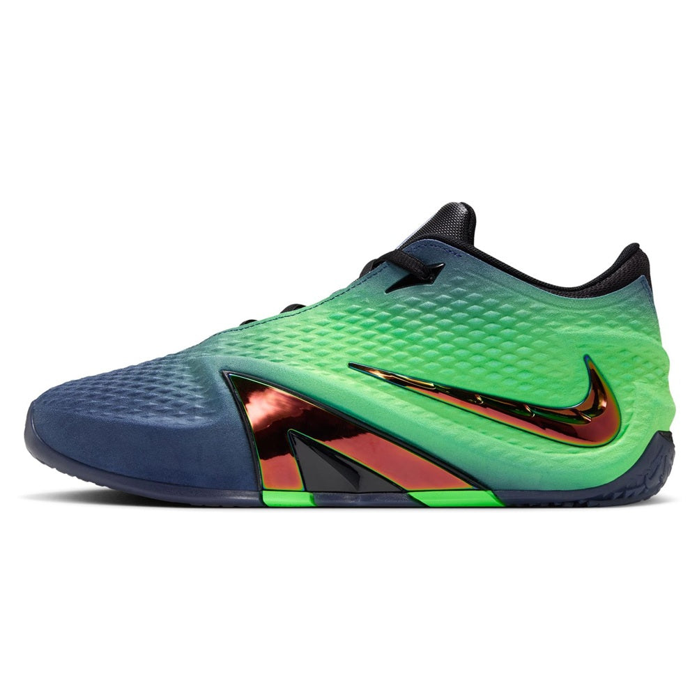 Men's low-top basketball shoe in blue mesh with neon green accents, black laces