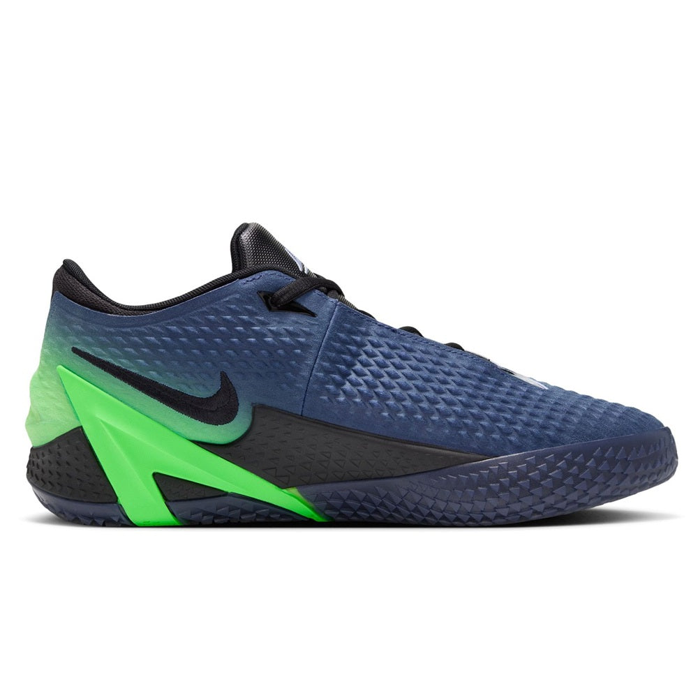 Men's low-top basketball shoe, dark blue upper with neon green side stripe and swoosh