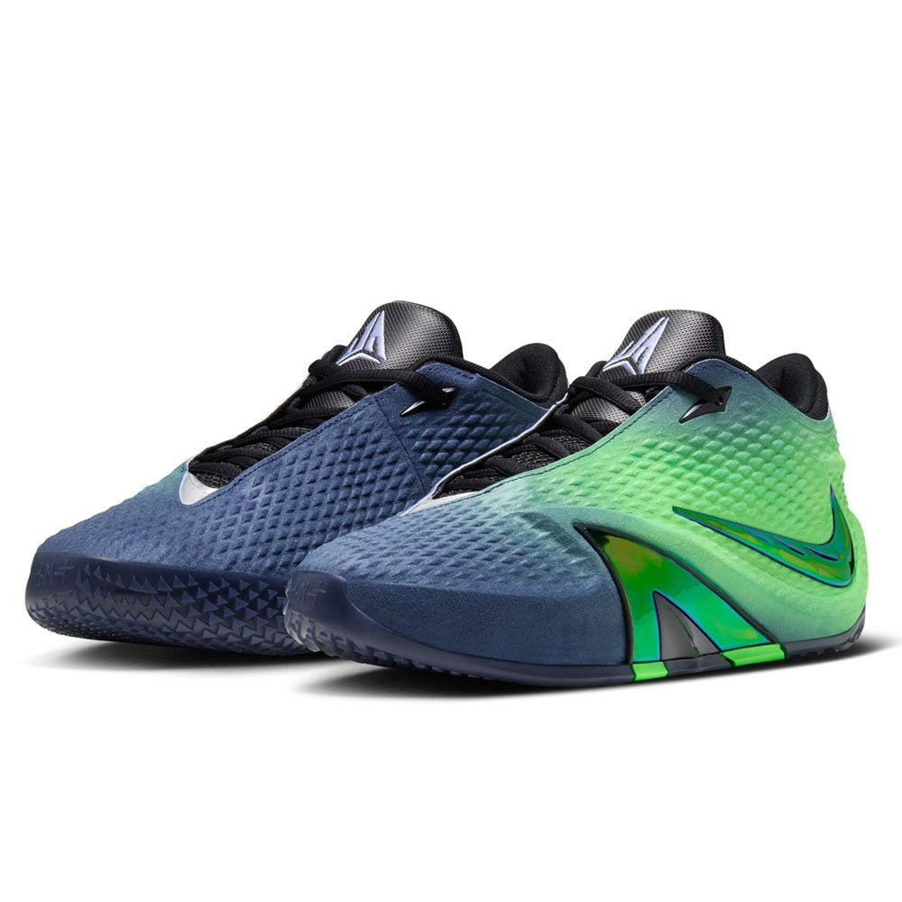 Pair of men's low-top basketball shoes in blue with neon green swoosh and black laces