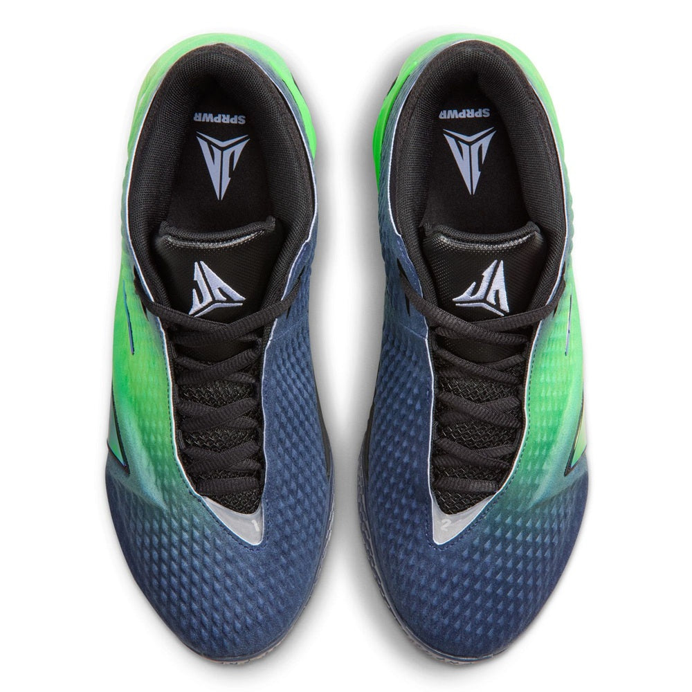Men's low-top shoe tongues and heels, black lining with neon green trim, lace detail