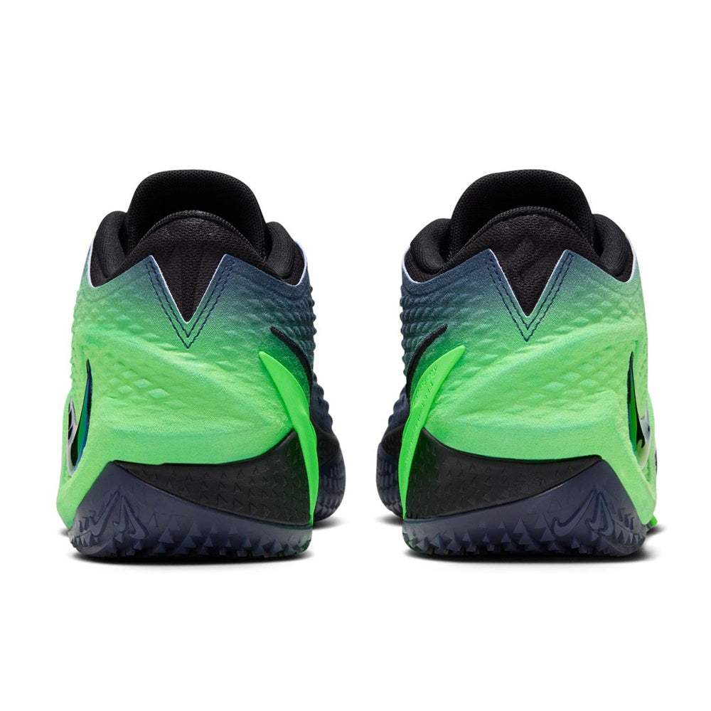 Men's low-top basketball shoe back view, neon green heel panel with dark blue accents