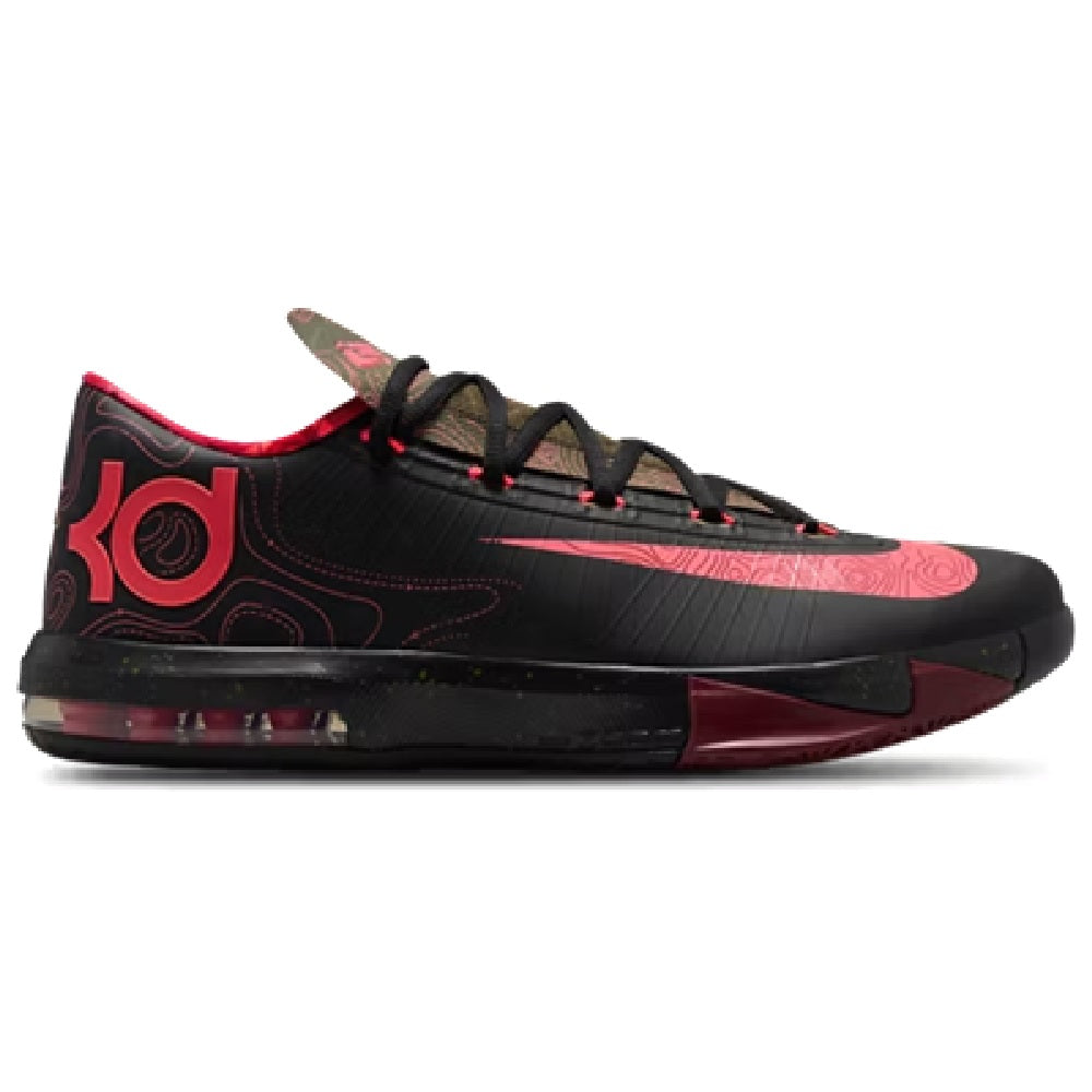 Black low-top basketball shoe with red swoosh, patterned side panels, and air-cushioned sole