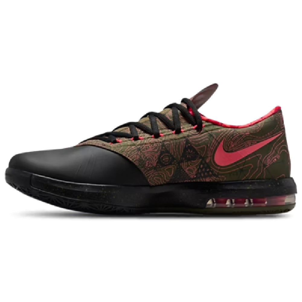 Black and olive patterned basketball shoe with red swoosh, lace-up design, and air sole