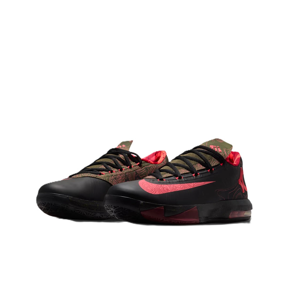 Black basketball shoe with red swoosh and patterned overlays, lace-up low-top profile