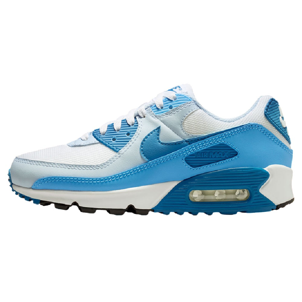 Women's Nike Air Max 90 sneakers in white and blue, with mesh panels and air unit