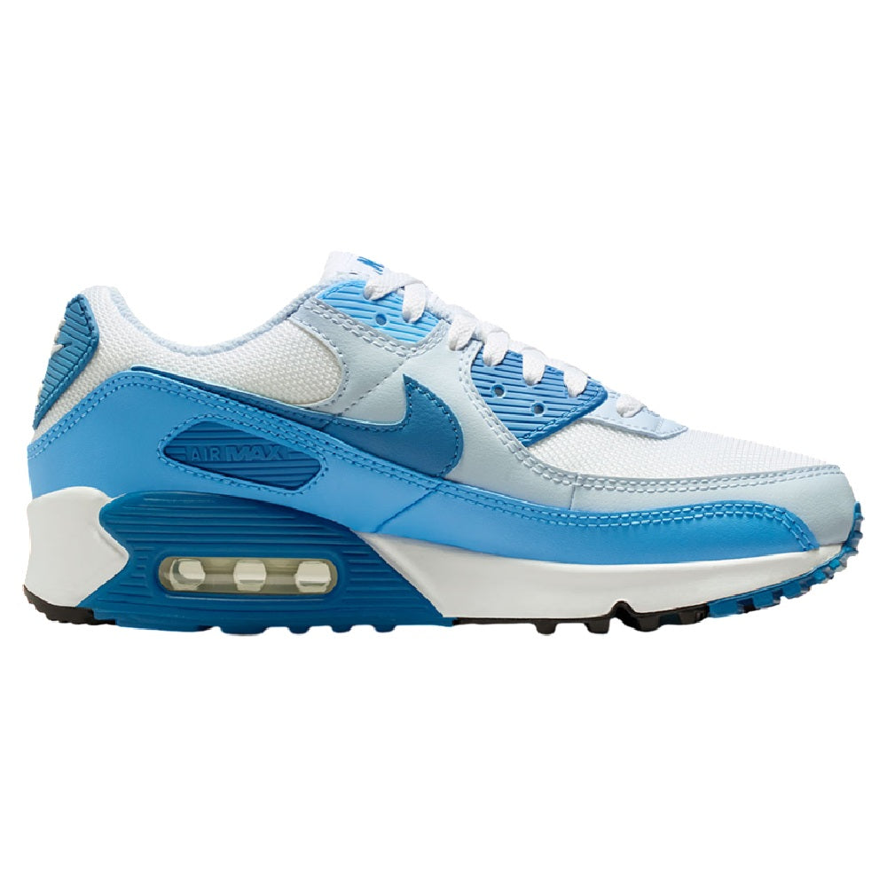 Nike Air Max 90 sneakers, blue swoosh overlays and visible Max Air window
