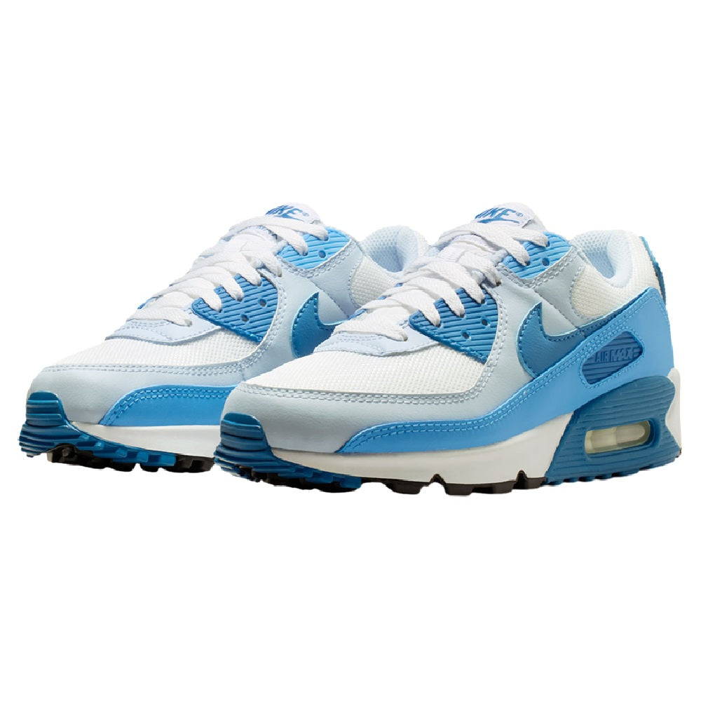 Pair of Air Max 90 sneakers with white leather, light blue accents, and lace-up design