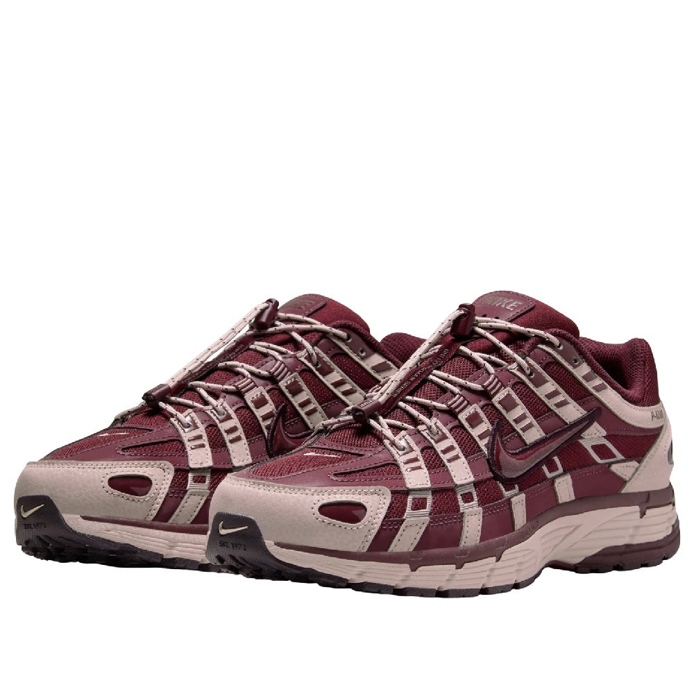 Women's Nike P-6000 sneakers, pair view, burgundy and light gray with patterned overlays