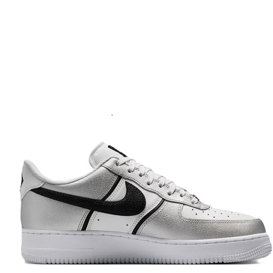 Men's Nike Air Force 1 low-top sneakers in metallic silver with black swoosh