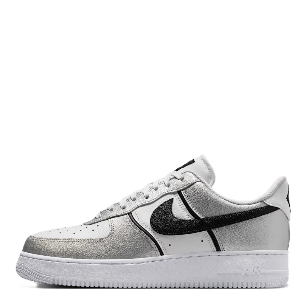 Nike Air Force 1 low-top side view, metallic silver leather with black swoosh