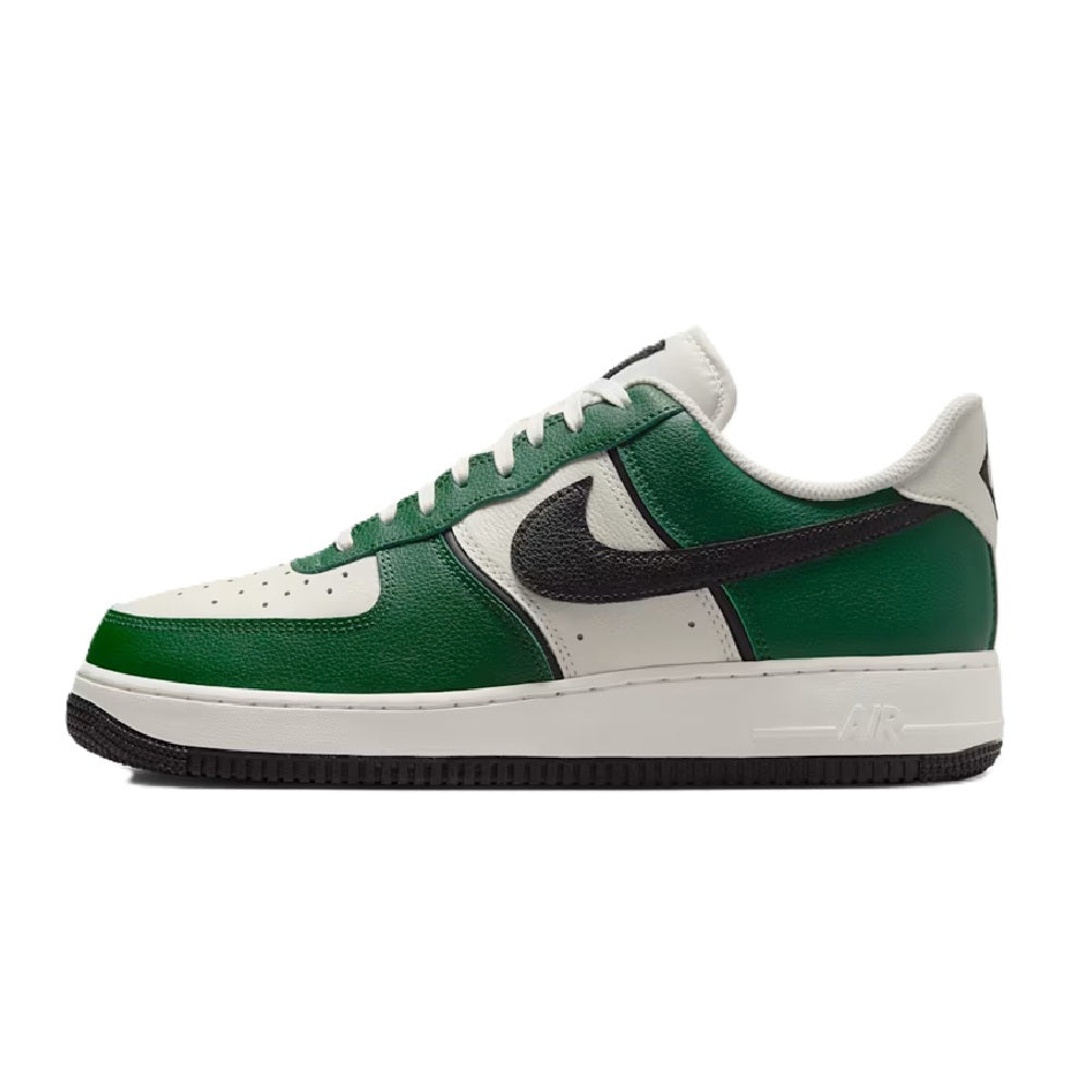 Men's low-top Nike sneakers with green panels, white leather, and black swoosh detail