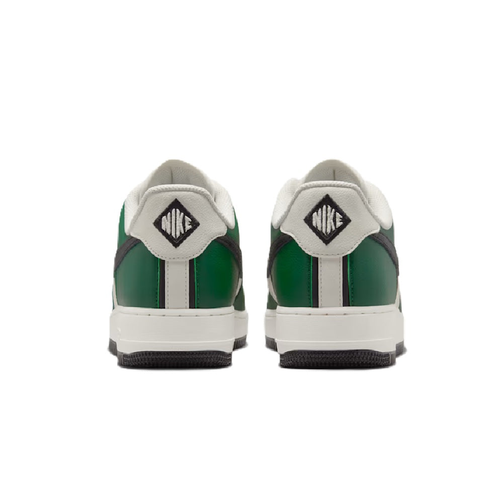 Men's Nike heel view sneakers, green and white leather with black rubber outsole
