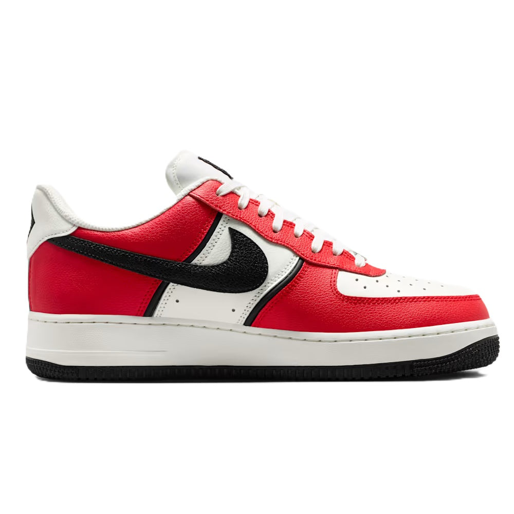 Red, white, and black low-top sneakers with Nike swoosh and lace-up design.
