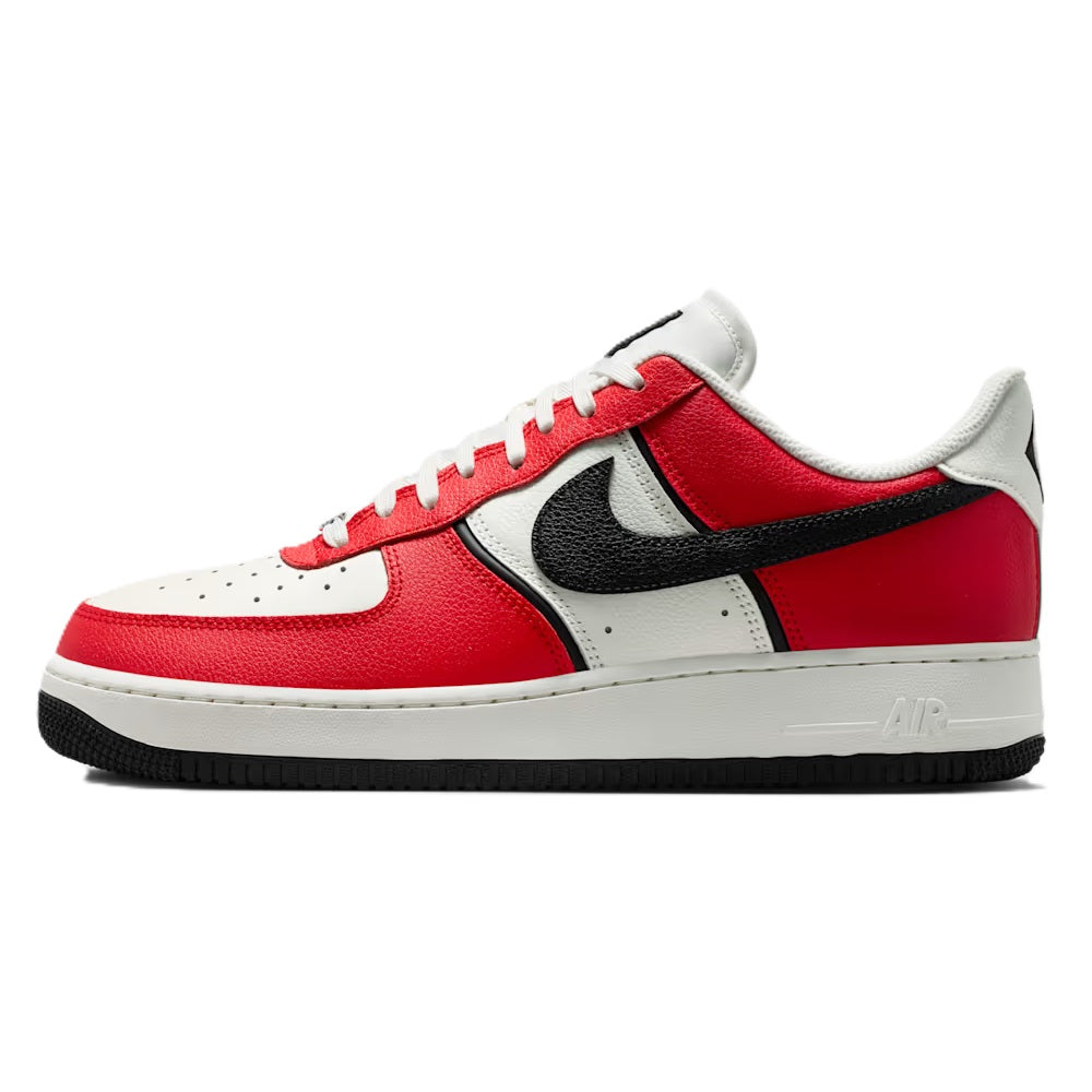 Red, white, and black Nike low-top sneakers with side swoosh and lace-up closure.