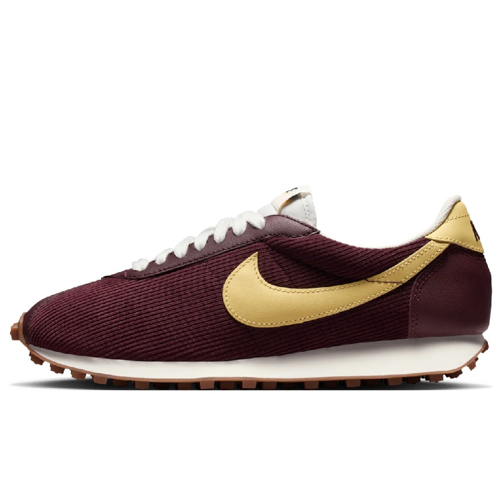 Women's Nike LD-1000 burgundy knit sneakers with soft yellow swoosh and white laces