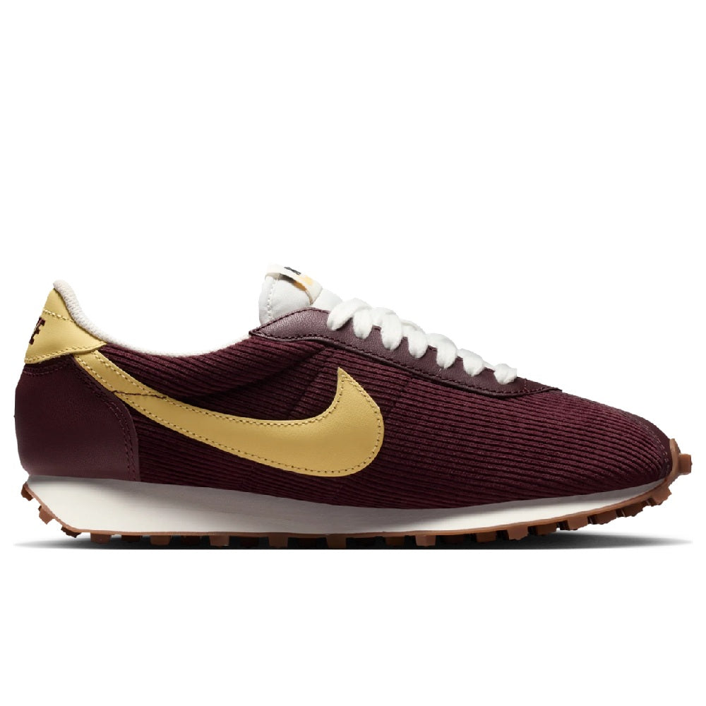 Women's Nike LD-1000 burgundy knit runner with soft yellow swoosh and white lace trim