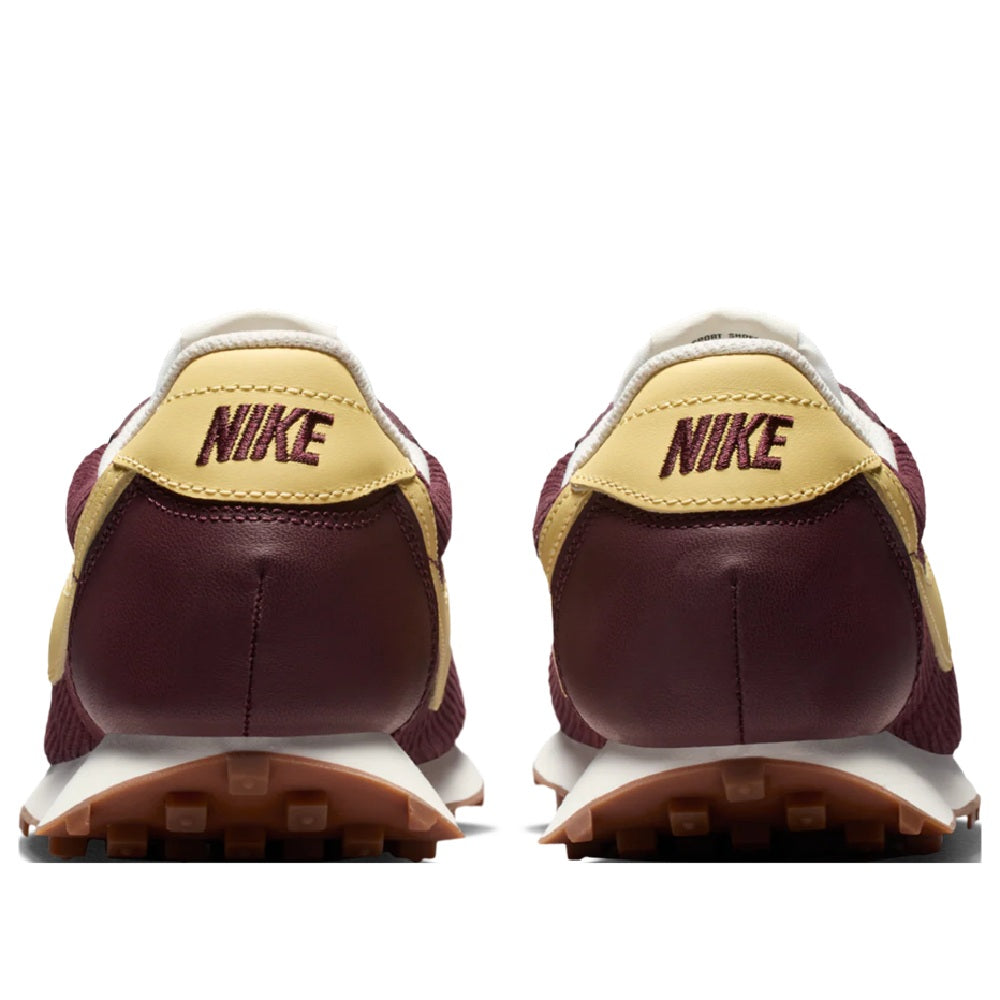 Women's Nike LD-1000 heel view in burgundy with soft yellow collar and NIKE logo