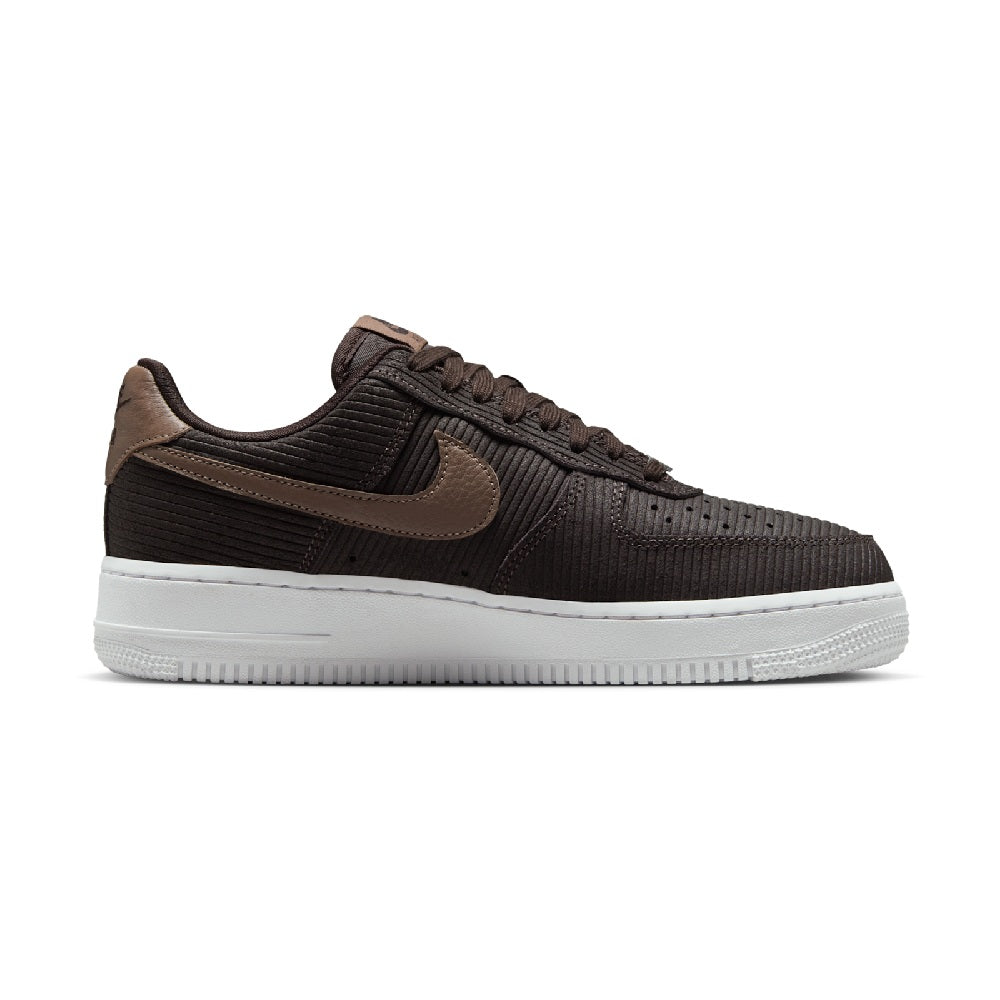 Nike Air Force 1 low-top sneakers, dark brown textured upper with tan swoosh and white sole