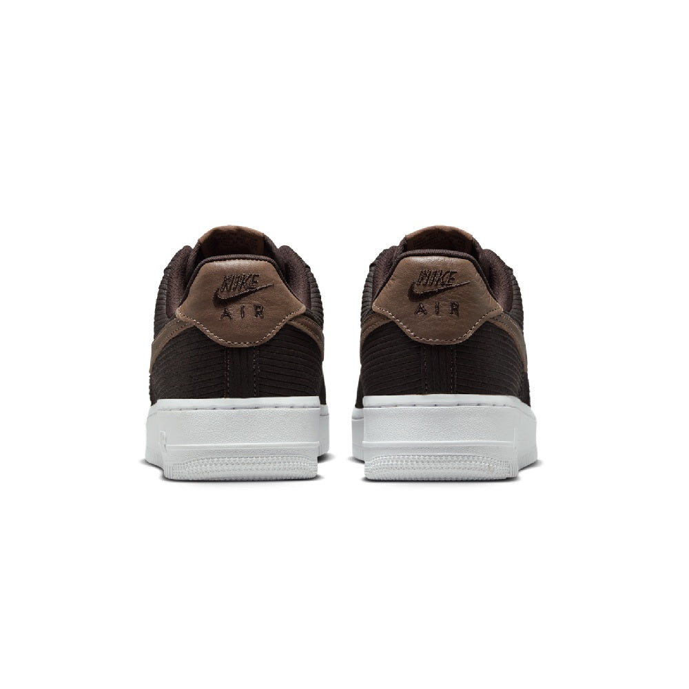 Back view of Nike Air Force 1 low-top sneakers with white heel tab and dark brown uppers