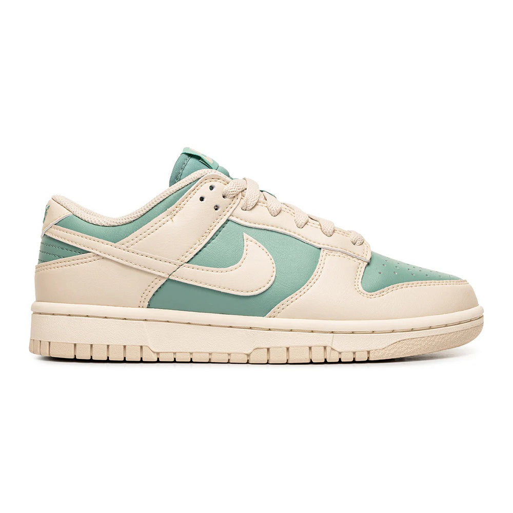 Nike Dunk Low sneakers with mint swoosh and off-white panels, lace-up low top.