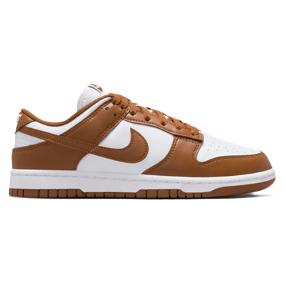 Tan and white Nike Dunk Low low-top sneakers, lace-up leather upper, white sole