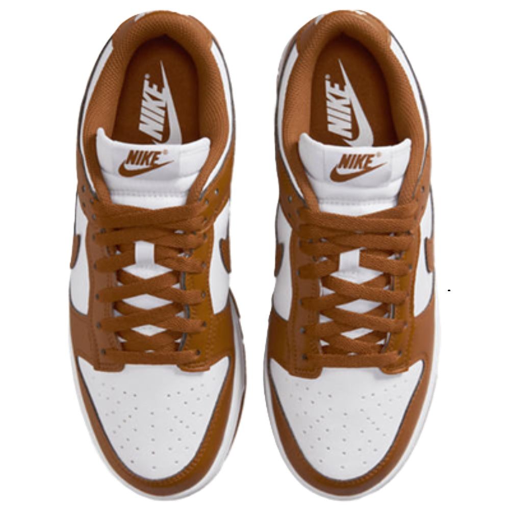 Nike Dunk Low lace-up sneakers, tan and white uppers, padded collar with Nike logo