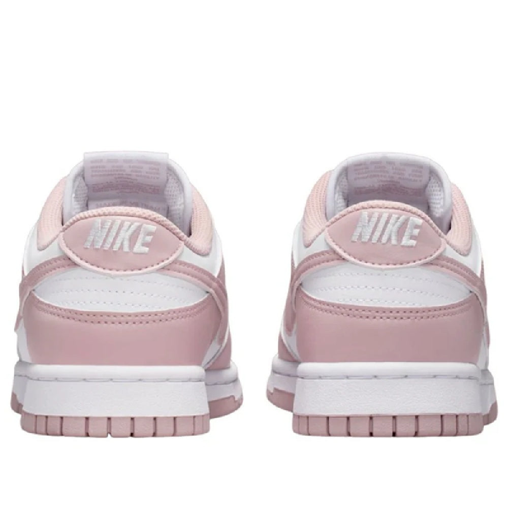 Nike Dunk Low sneakers, white back with pale pink heel tab and lace eyelets