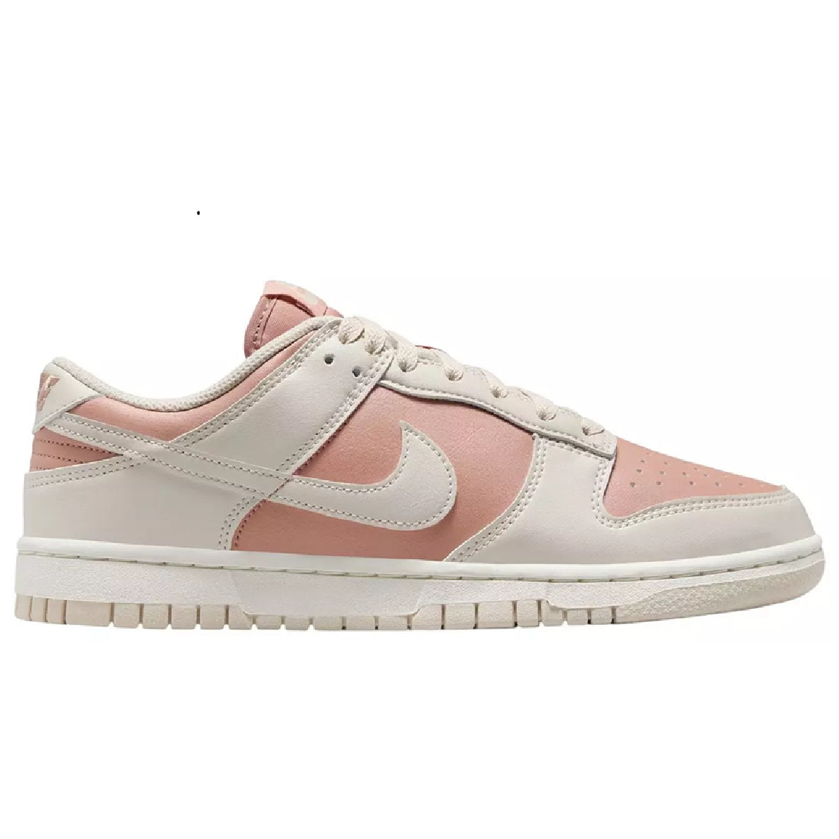 Nike Dunk Low sneakers with white leather and pink overlays, lace-up design