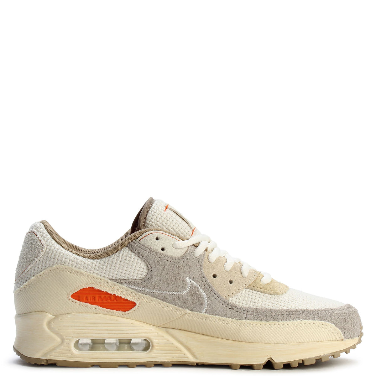 Nike Air Max 90 PRM sneakers in gray and sail with orange side logo and air window