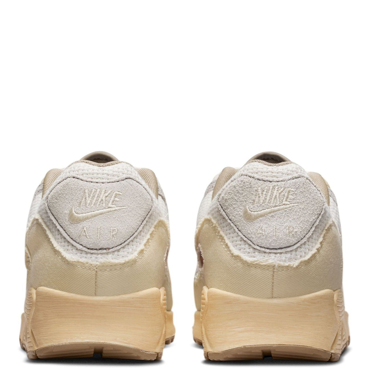 Nike Air Max 90 PRM rear view sneakers with Nike heel logo, gray and beige