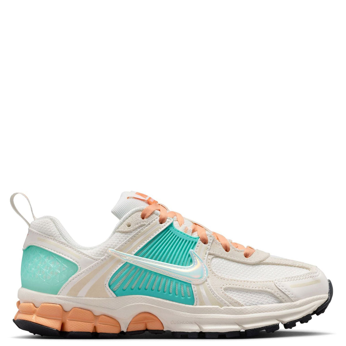 Kids' Nike sneakers, sail upper with teal swoosh and orange accents, turquoise side panel.